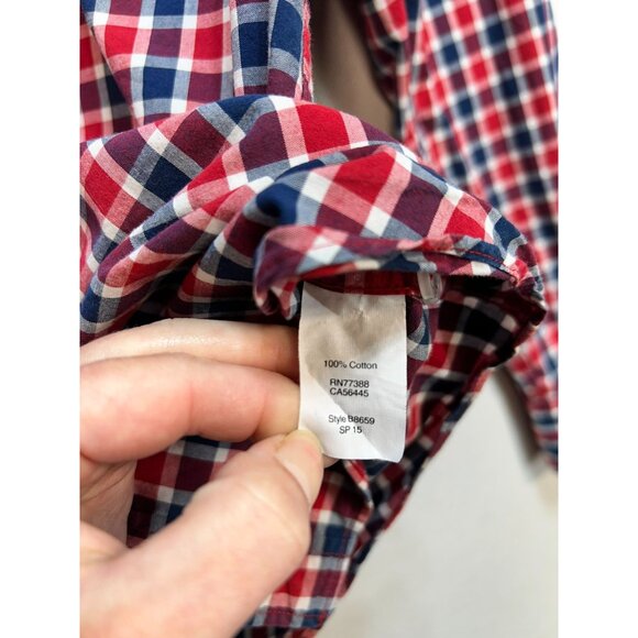 J. Crew Button Down Shirt Mens M Red Navy Plaid Long-Sleeve Classic Casual - Picture 3 of 13